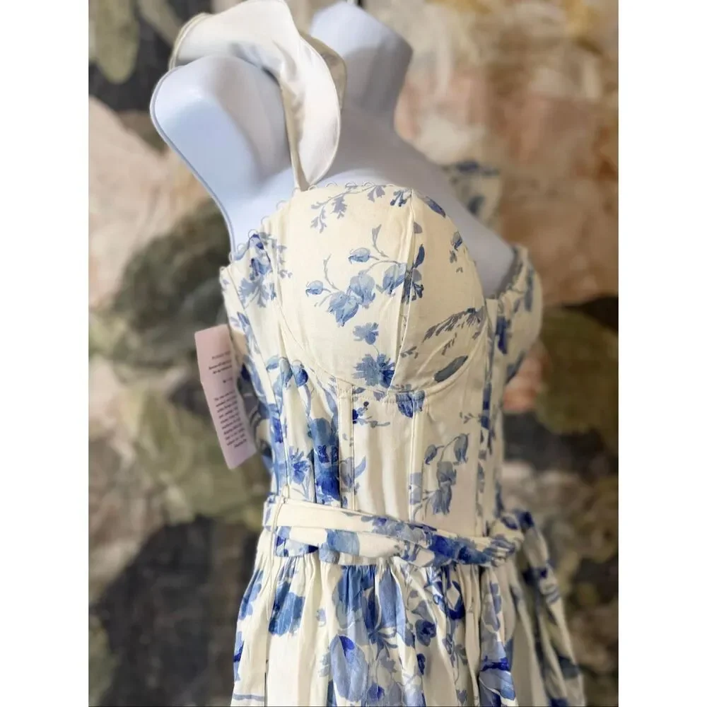 New Anthropologie V. Chapman Vera Ruffle-Strap Corset Side-Slit Midi Dress Size - Picture 7 of 13